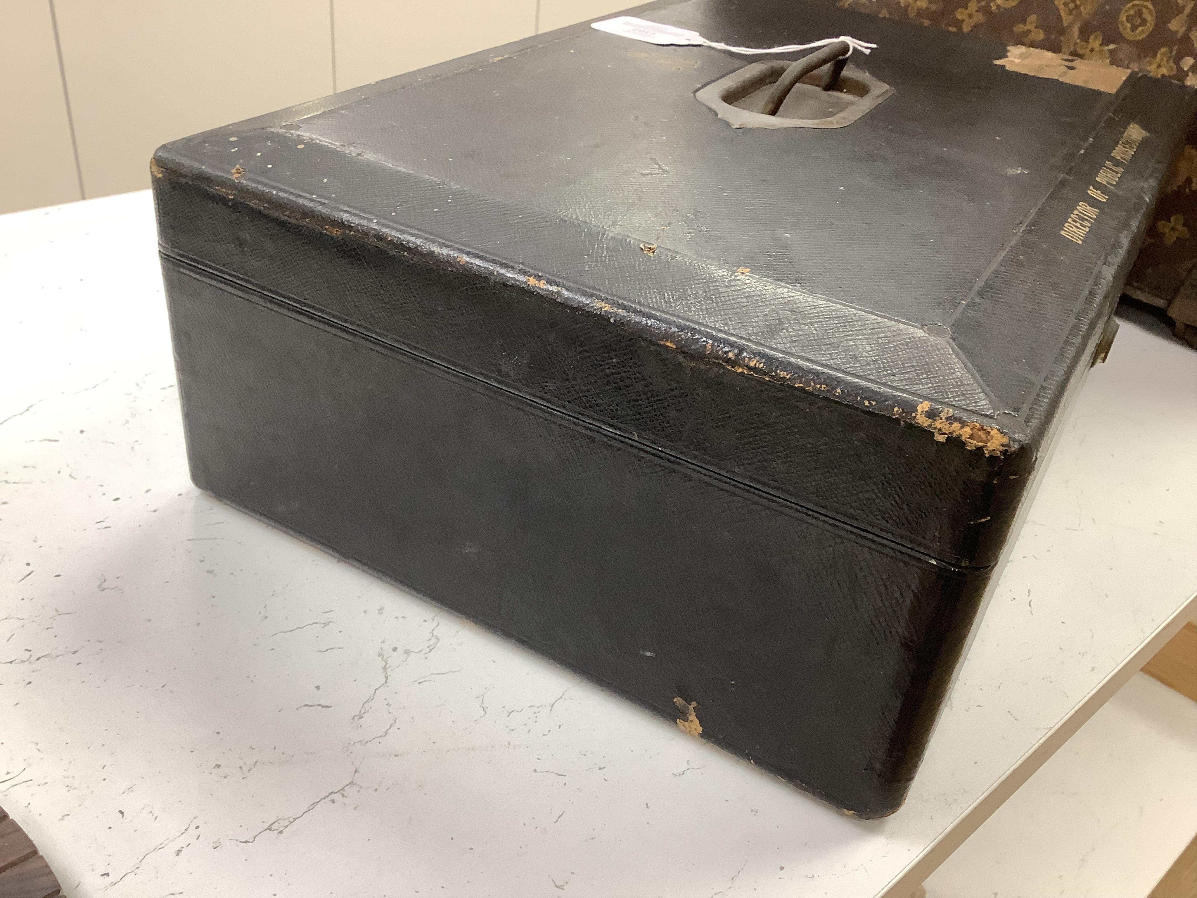 An Edward VII official government Director of Public Prosecutions black leather despatch type document box, 46cm wide., During the reign of Edward VII the post of Director of Public Prosecutions was held by Hamilton John